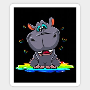 Cute Hippo Sitting In A Rainbow Puddle Magnet